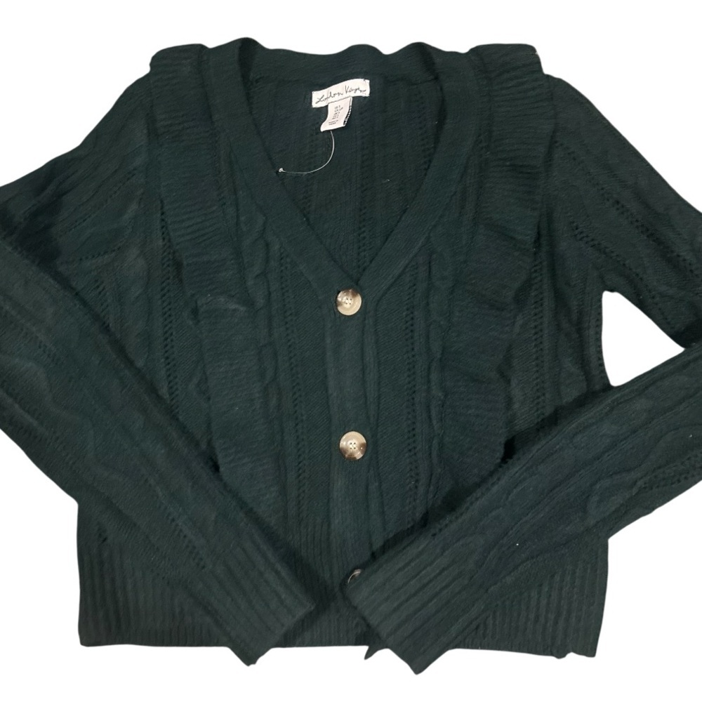 London Kaye Dark Green Ruffled Cardigan Button Sweater Size Small - Picture 3 of 12